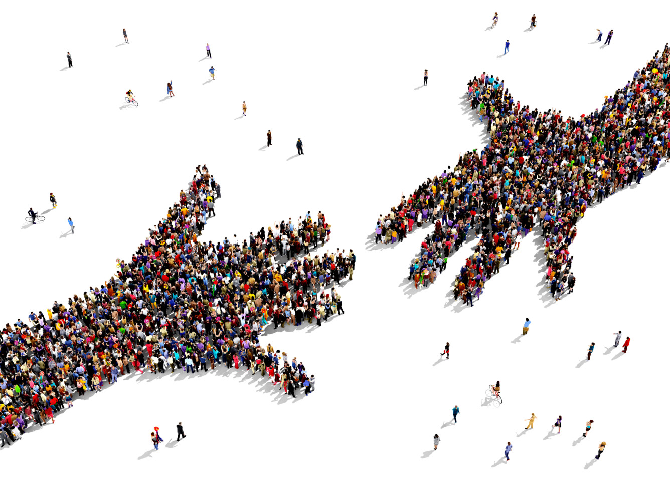 A large group of people arranged to form the shape of two hands reaching for each other.