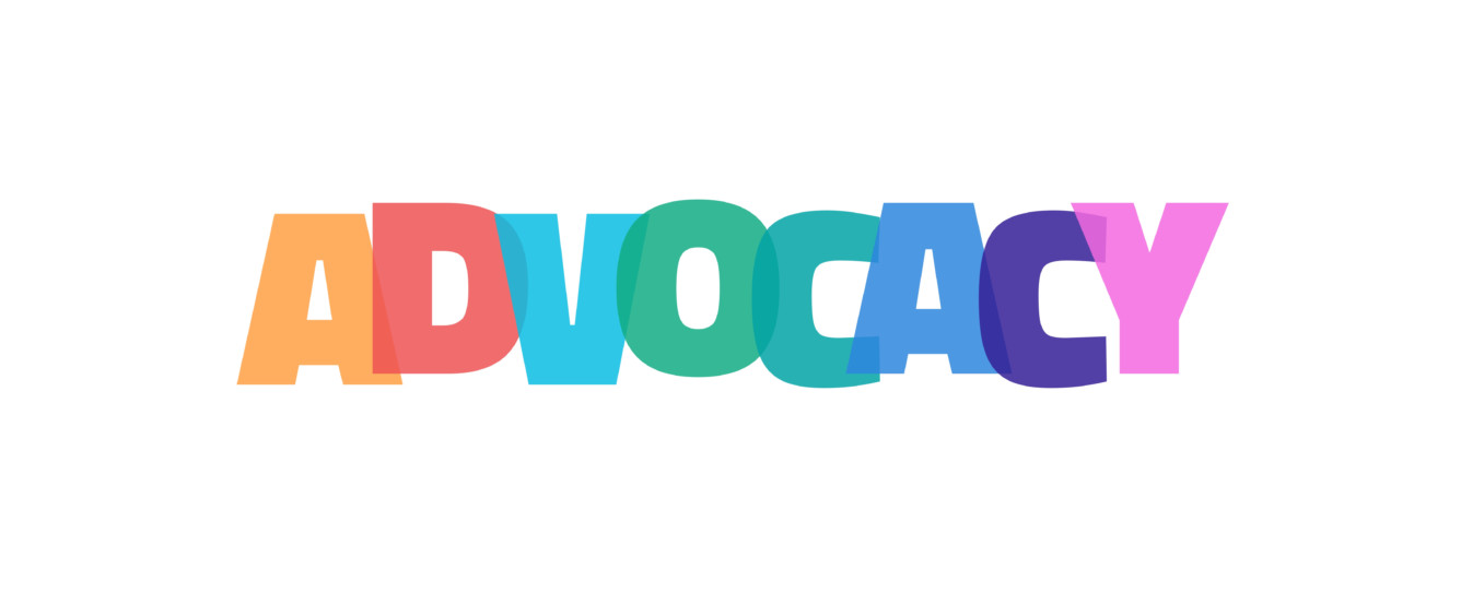 The word Advocacy written using multiple colors.