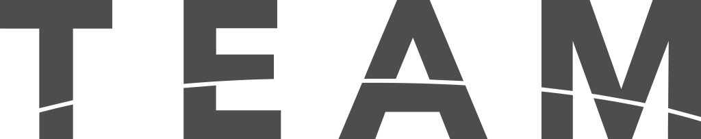 Logo with the word TEAM in bold dark gray on a white background, with diagonal white slashes through the letters.